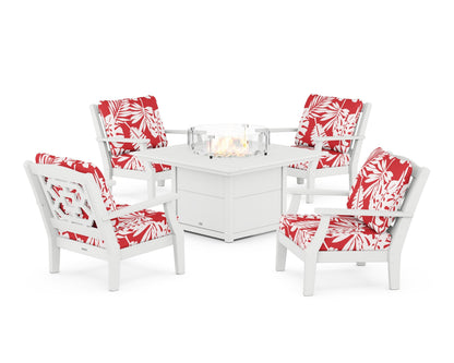 Martha Stewart by POLYWOOD® Chinoiserie 5-Piece Deep Seating Set with Fire Pit Table in White / Leaf Crimson