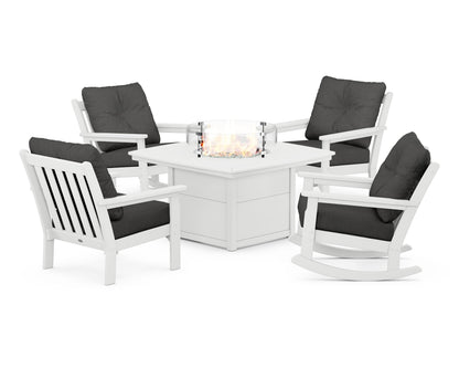 POLYWOOD® Vineyard 5-Piece Deep Seating Rocking Chair Conversation Set with Fire Pit Table in White / Spectrum Carbon