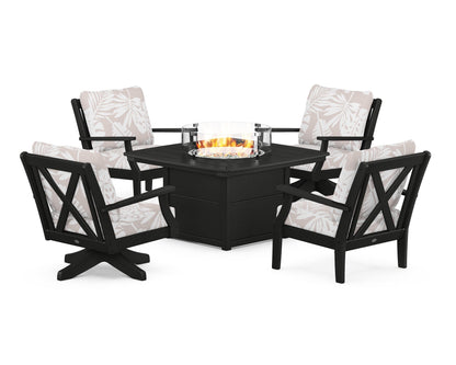 POLYWOOD® Braxton 5-Piece Deep Seating Set with Fire Table in Black / Leaf Dune Burlap