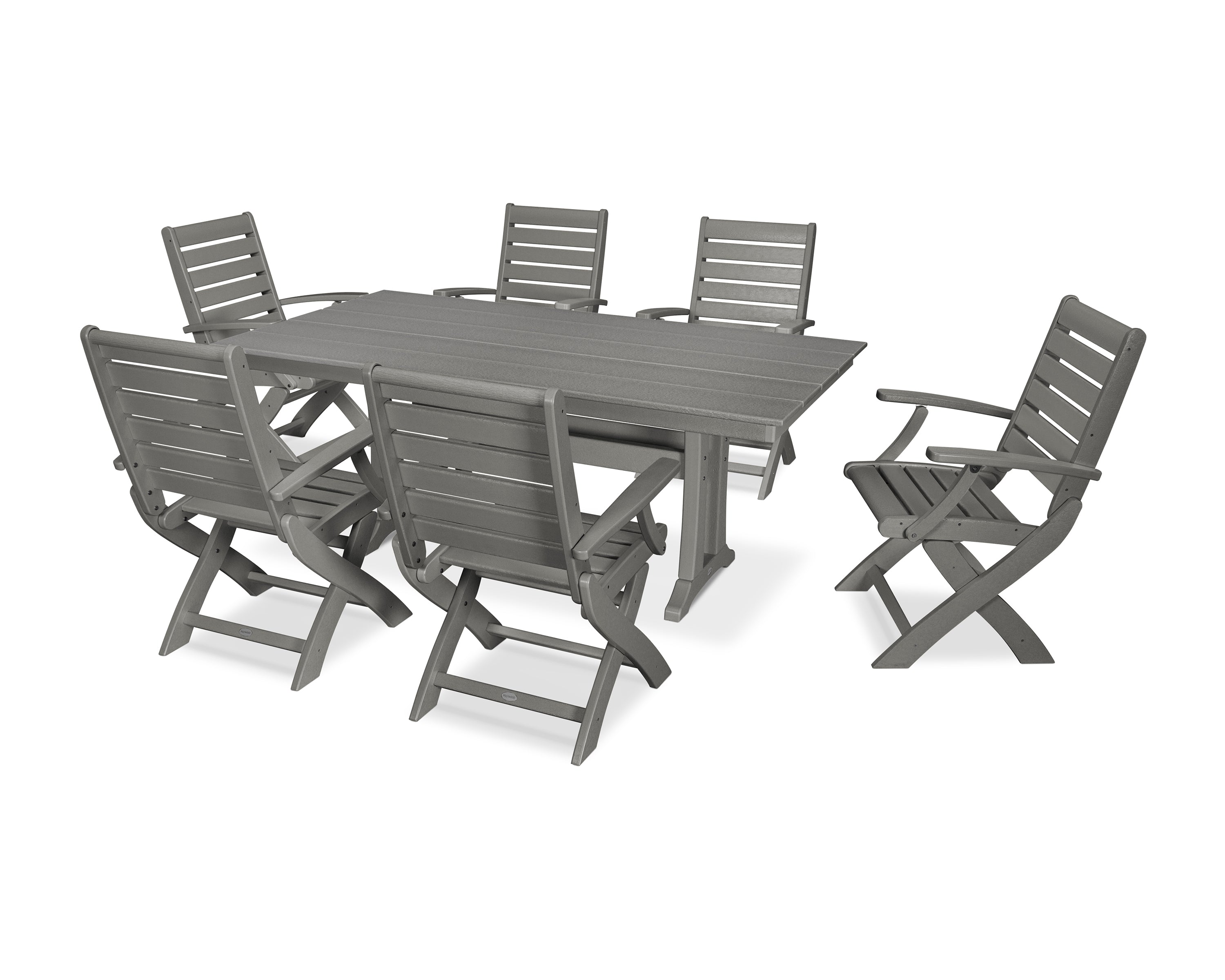 POLYWOOD® Signature Folding Chair 7-Piece Farmhouse Dining Set with Trestle Legs in Slate Grey