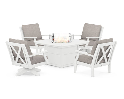 POLYWOOD® Braxton 5-Piece Deep Seating Set with Fire Table in White / Weathered Tweed