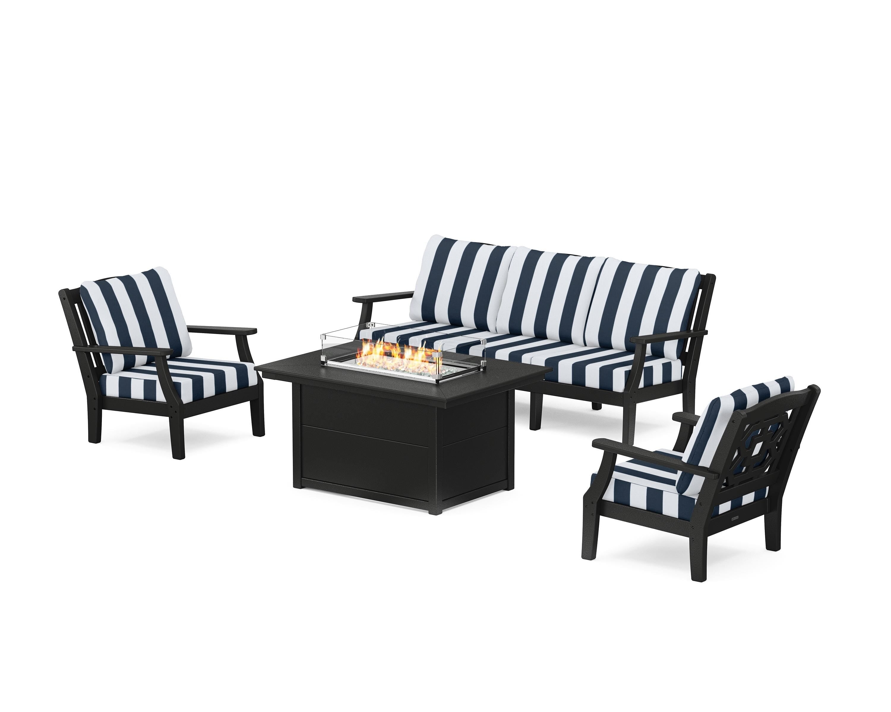 Martha Stewart by POLYWOOD® Chinoiserie Deep Seating Fire Pit Table Set in Black / Cabana Stripe Marine Indigo