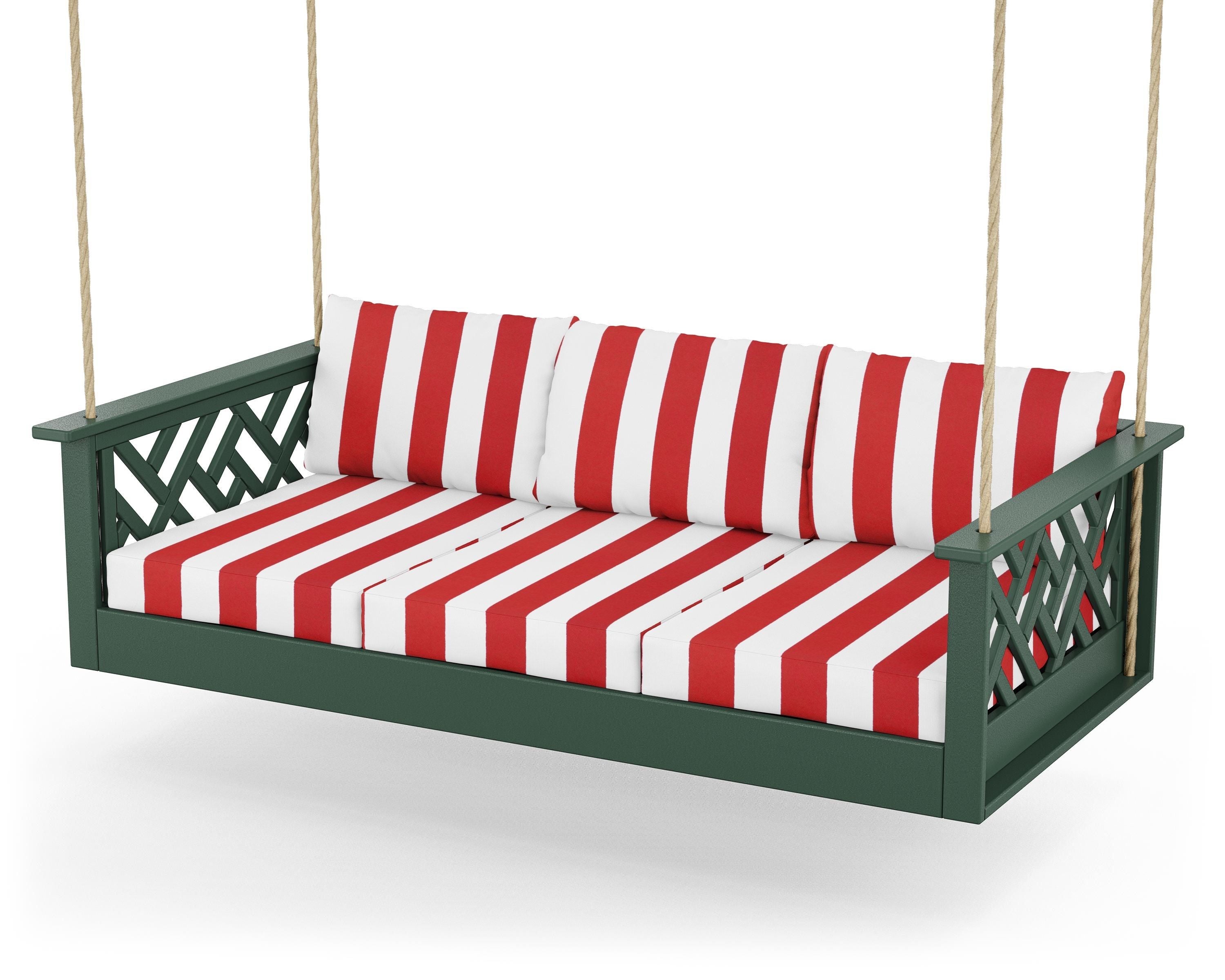 POLYWOOD® Chippendale Daybed Swing in Green / Cabana Stripe Crimson