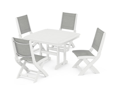 POLYWOOD® Coastal Folding Side Chair 5-Piece Dining Set in White / Metallic Sling