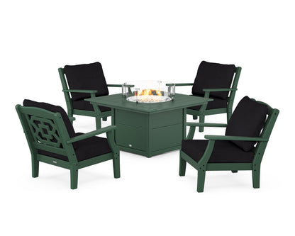 Martha Stewart by POLYWOOD® Chinoiserie 5-Piece Deep Seating Set with Fire Pit Table in Green / Midnight Linen