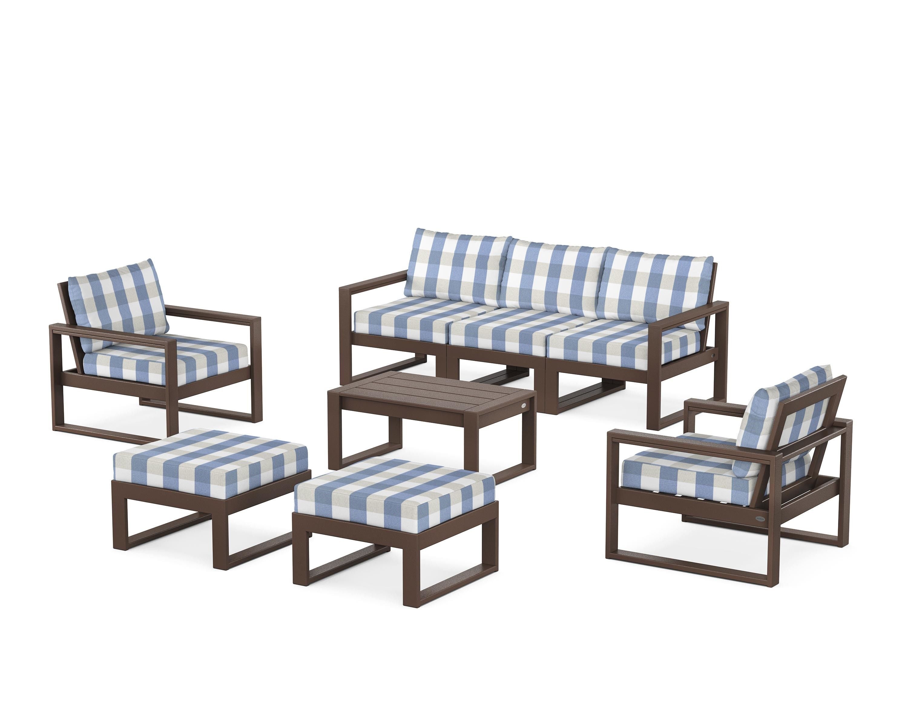 POLYWOOD® EDGE Sectional 8-Piece Lounge Sofa Set in Mahogany / Buffalo Plaid Sky Blue