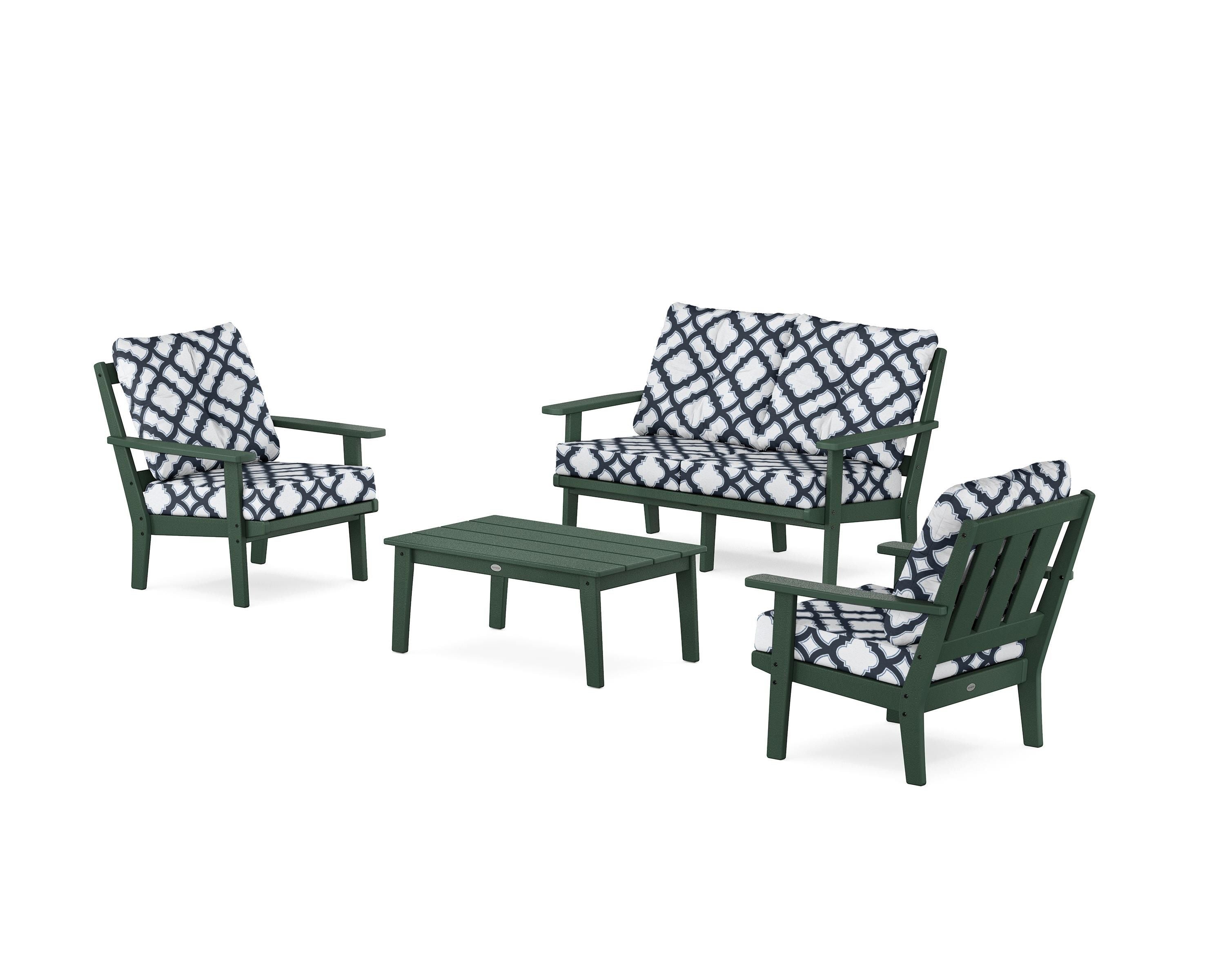 POLYWOOD® Oxford 4-Piece Deep Seating Set with Loveseat in Green / Trellis Marine Indigo