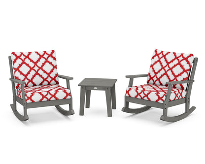POLYWOOD® Braxton 3-Piece Deep Seating Rocker Set in Slate Grey / Trellis Crimson