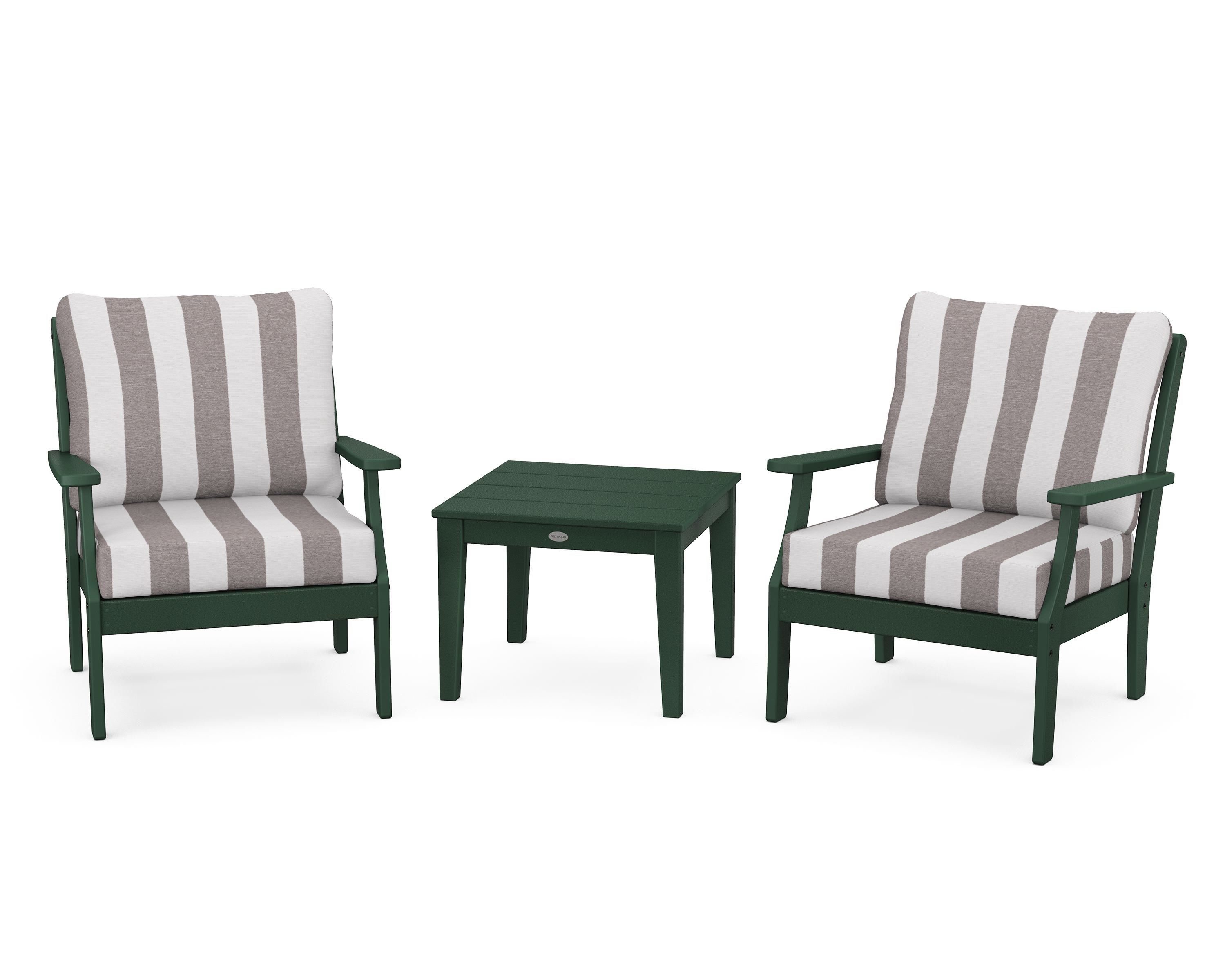 POLYWOOD® Braxton 3-Piece Deep Seating Set in Green / Cabana Stripe Grey Mist