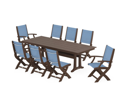 POLYWOOD® Coastal 9-Piece Folding Dining Chair Farmhouse Dining Set with Trestle Legs in Mahogany / Poolside Sling