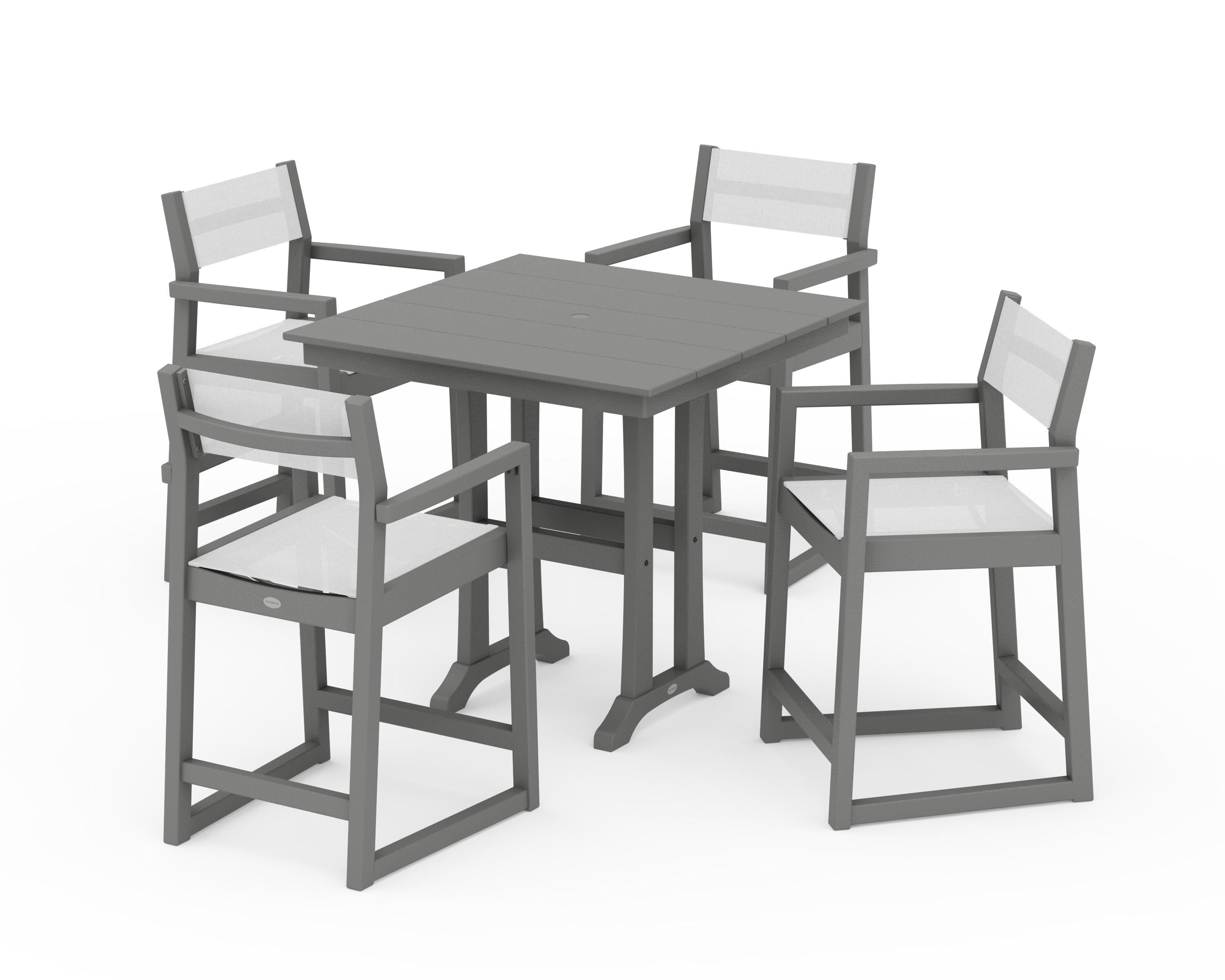POLYWOOD® EDGE Sling Arm Chair 5-Piece Farmhouse Counter Set with Trestle Legs in Slate Grey / White Sling