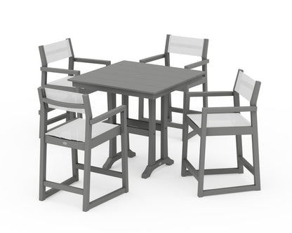 POLYWOOD® EDGE Sling Arm Chair 5-Piece Farmhouse Counter Set with Trestle Legs in Slate Grey / White Sling