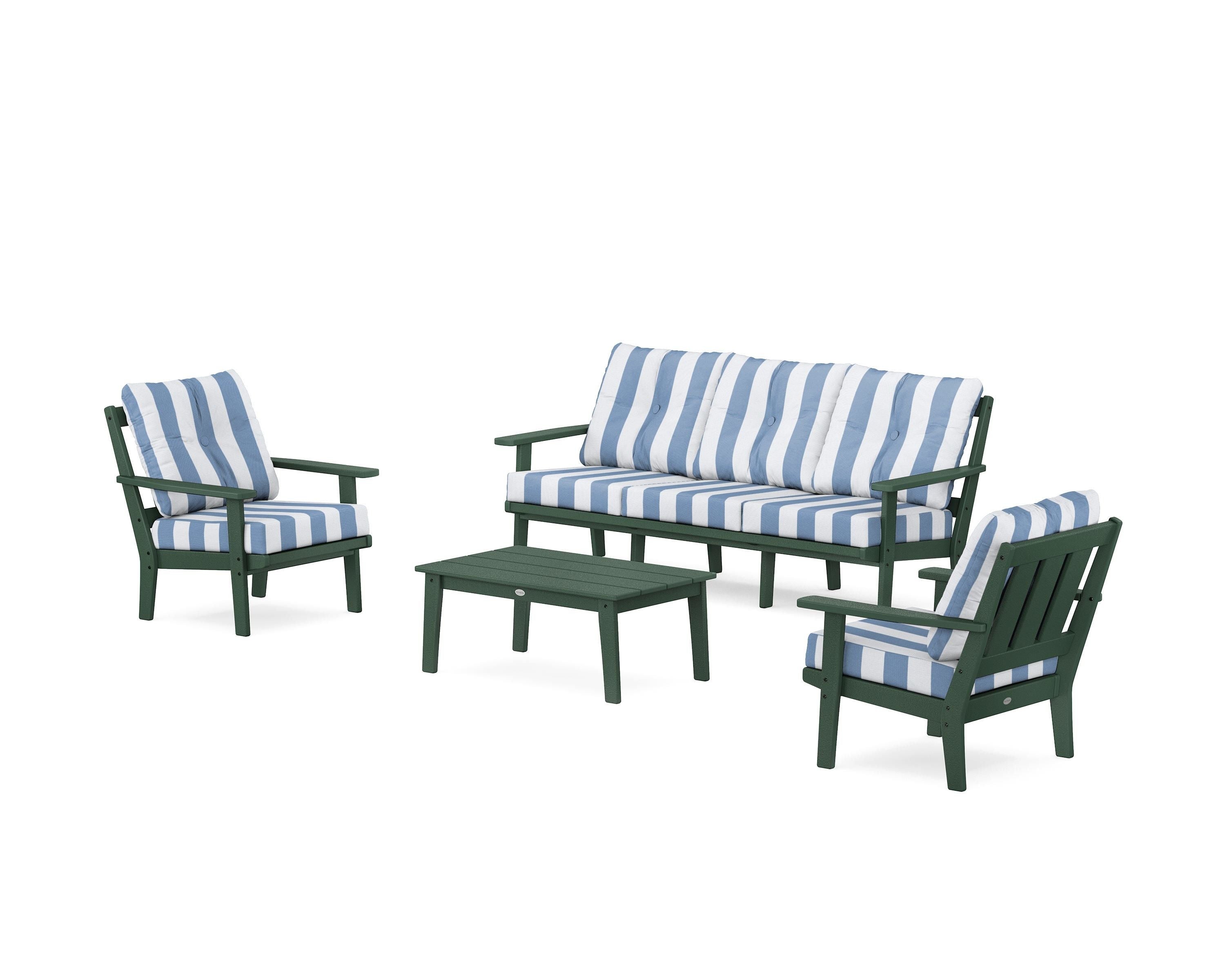POLYWOOD® Oxford 4-Piece Deep Seating Set with Sofa in Green / Cabana Stripe Sky Blue
