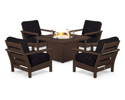 POLYWOOD® Harbour 5-Piece Conversation Set with Fire Pit Table in Mahogany / Midnight Linen