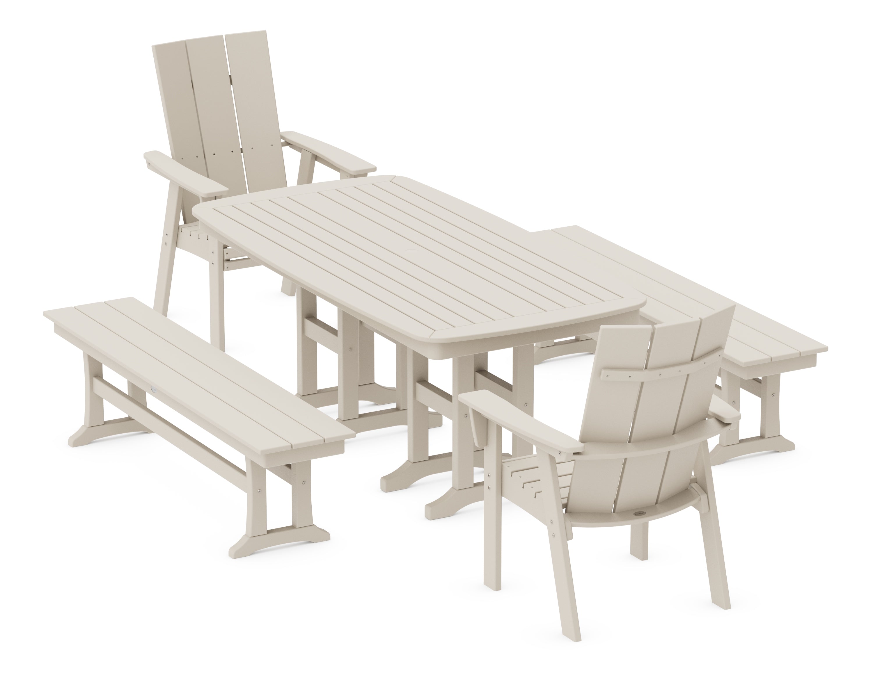 POLYWOOD® Modern Curveback Adirondack 5-Piece Dining Set with Benches in Sand