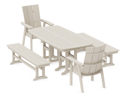 POLYWOOD® Modern Curveback Adirondack 5-Piece Dining Set with Benches in Sand