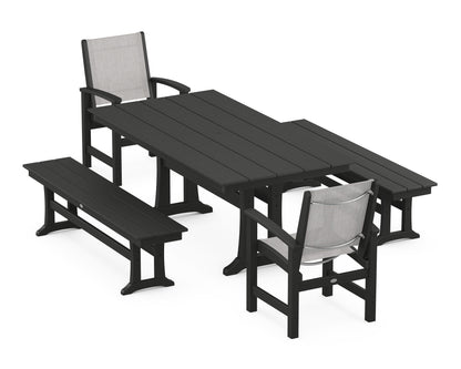 POLYWOOD® Coastal 5-Piece Farmhouse Dining Set with Trestle Legs and Benches in Black / Parchment Sling