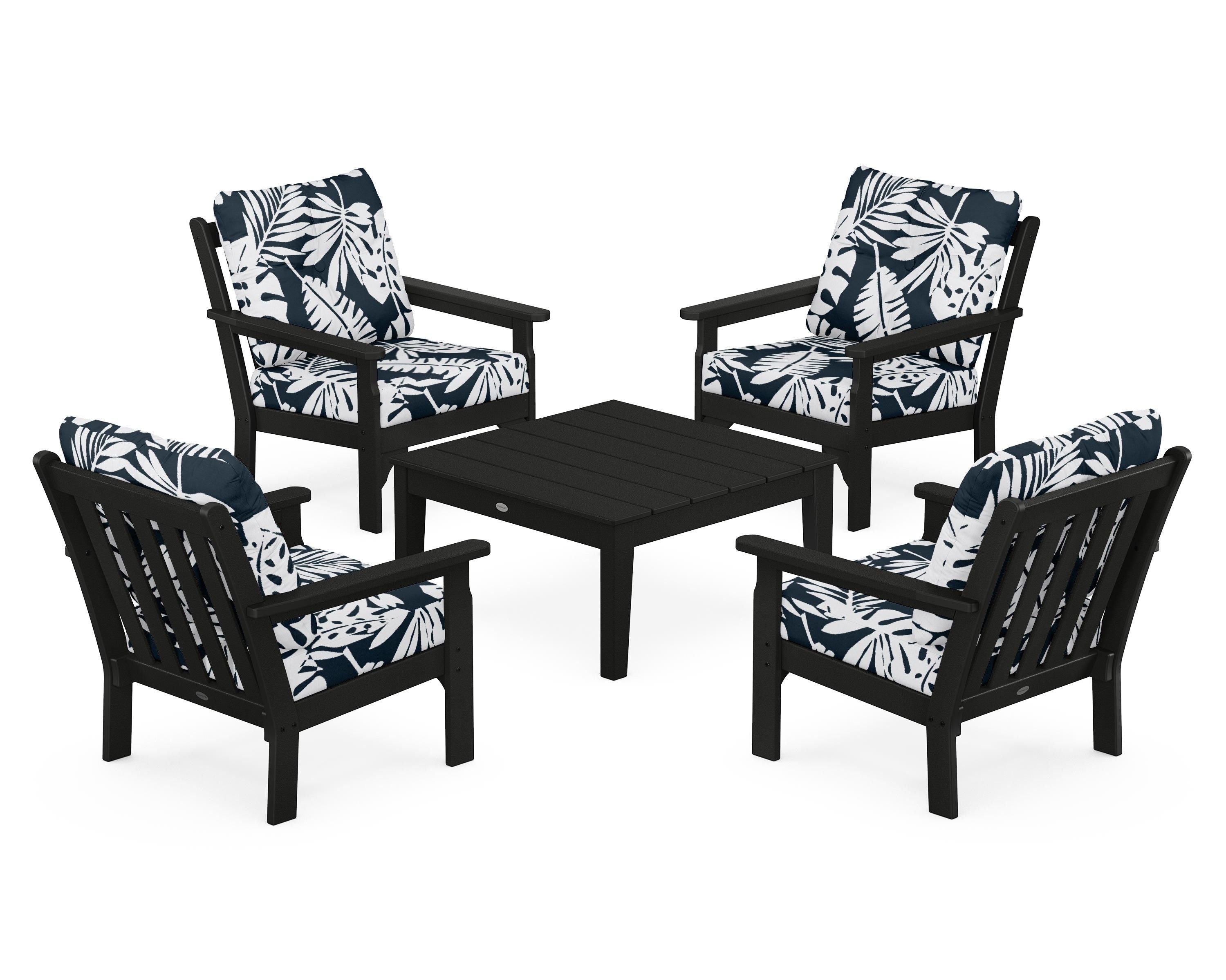 POLYWOOD® Vineyard 5-Piece Deep Seating Conversation Set in Black / Leaf Marine Indigo