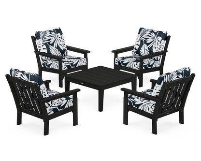 POLYWOOD® Vineyard 5-Piece Deep Seating Conversation Set in Black / Leaf Marine Indigo