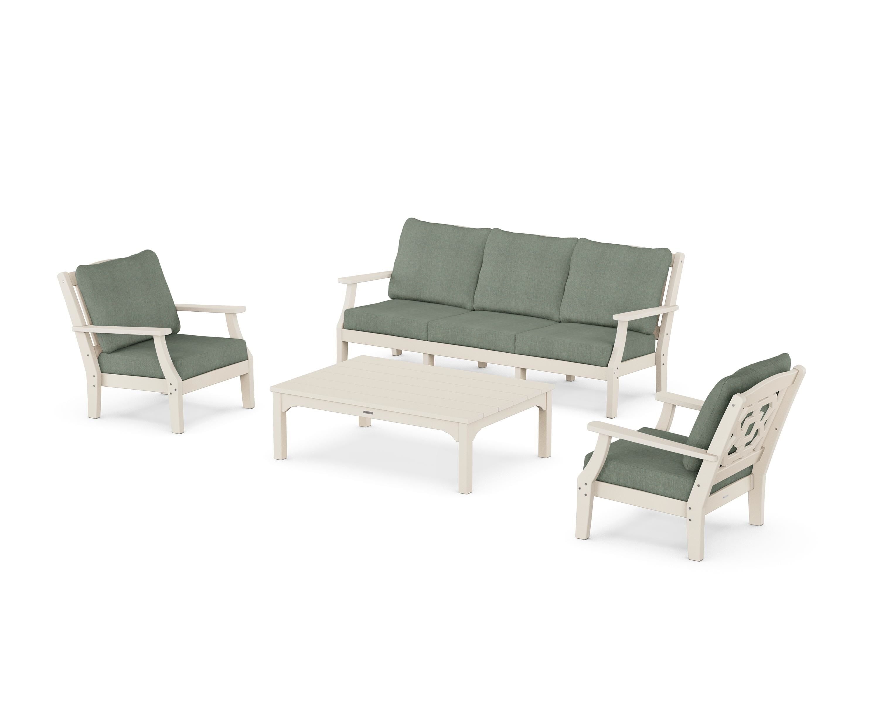Martha Stewart by POLYWOOD® Chinoiserie 4-Piece Deep Seating Set with Sofa in Sand / Cast Sage