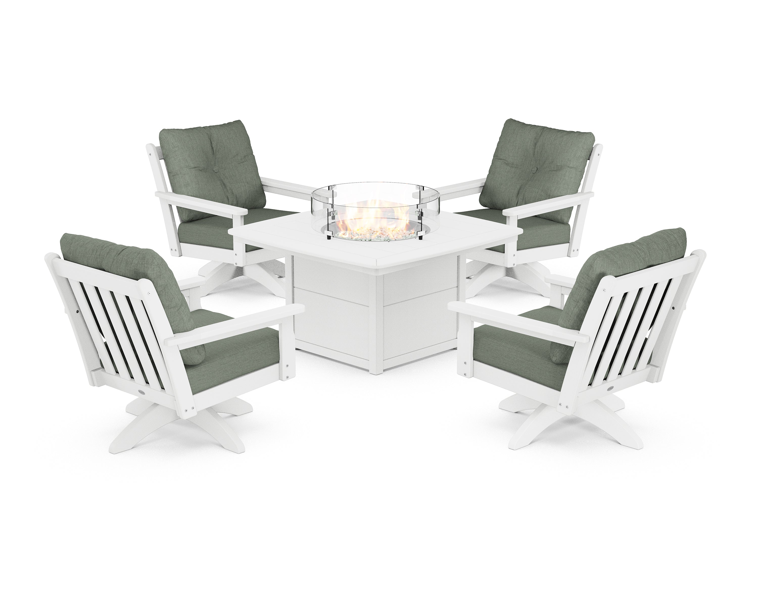 POLYWOOD® Vineyard 5-Piece Deep Seating Swivel Conversation Set with Fire Pit Table in White / Cast Sage