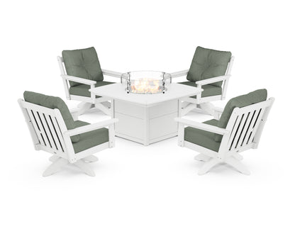 POLYWOOD® Vineyard 5-Piece Deep Seating Swivel Conversation Set with Fire Pit Table in White / Cast Sage