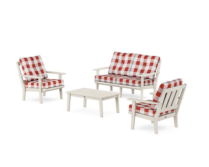POLYWOOD® Oxford 4-Piece Deep Seating Set with Loveseat in Sand / Buffalo Plaid Crimson