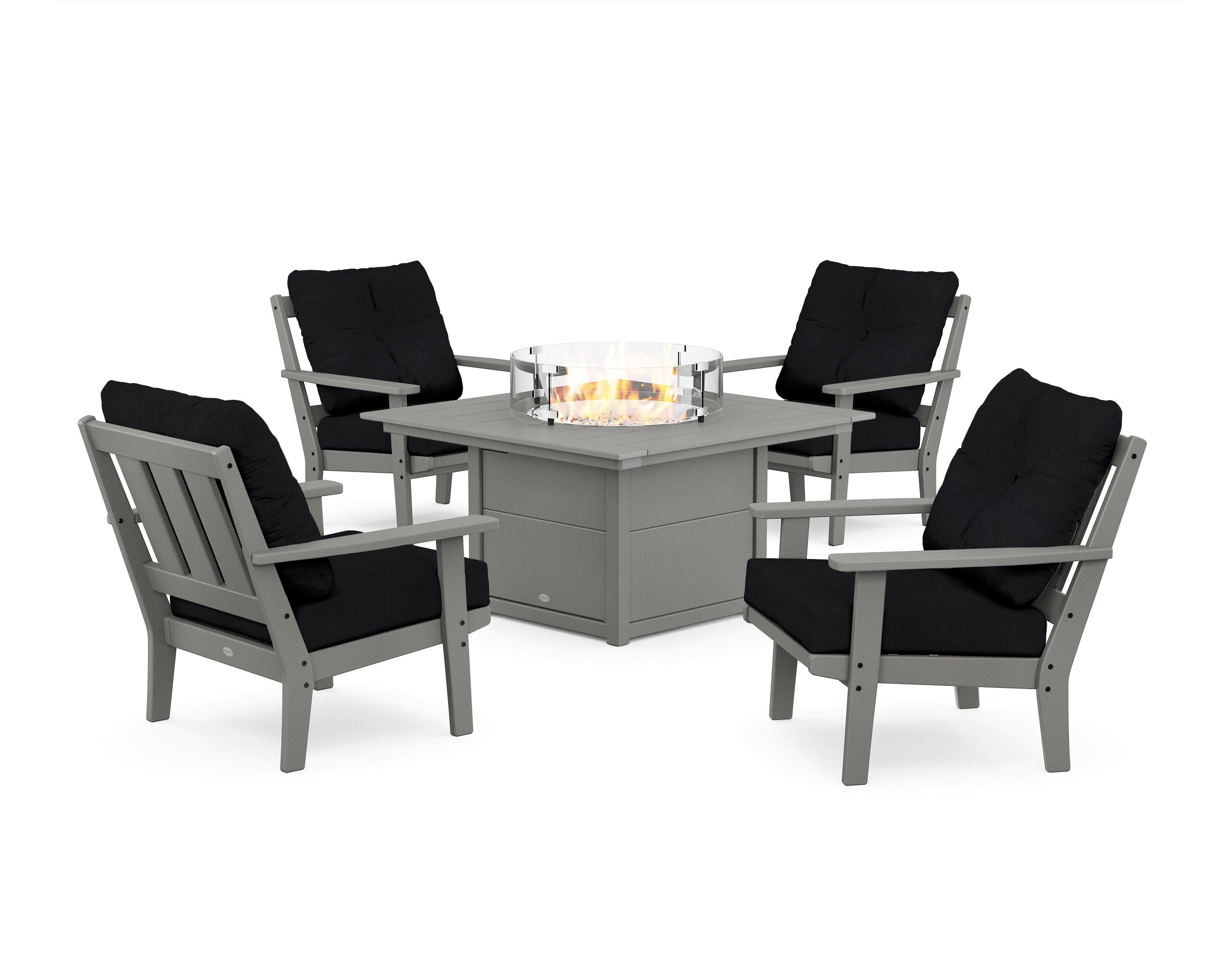 POLYWOOD® Oxford 5-Piece Deep Seating Set with Fire Pit Table in Slate Grey / Midnight Linen