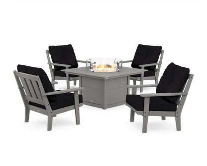 POLYWOOD® Oxford 5-Piece Deep Seating Set with Fire Pit Table in Slate Grey / Midnight Linen
