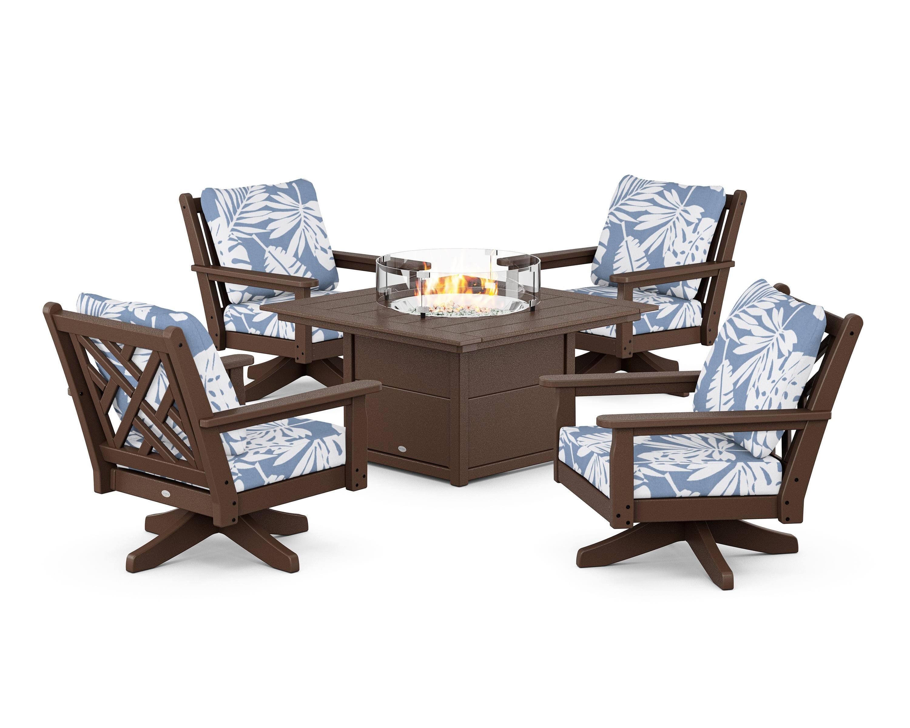 POLYWOOD® Chippendale 5-Piece Deep Seating Swivel Conversation Set with Fire Pit Table in Mahogany / Leaf Sky Blue