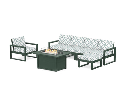 POLYWOOD® EDGE Sectional Lounge and Fire Pit Set in Green / Trellis Glacier Spa