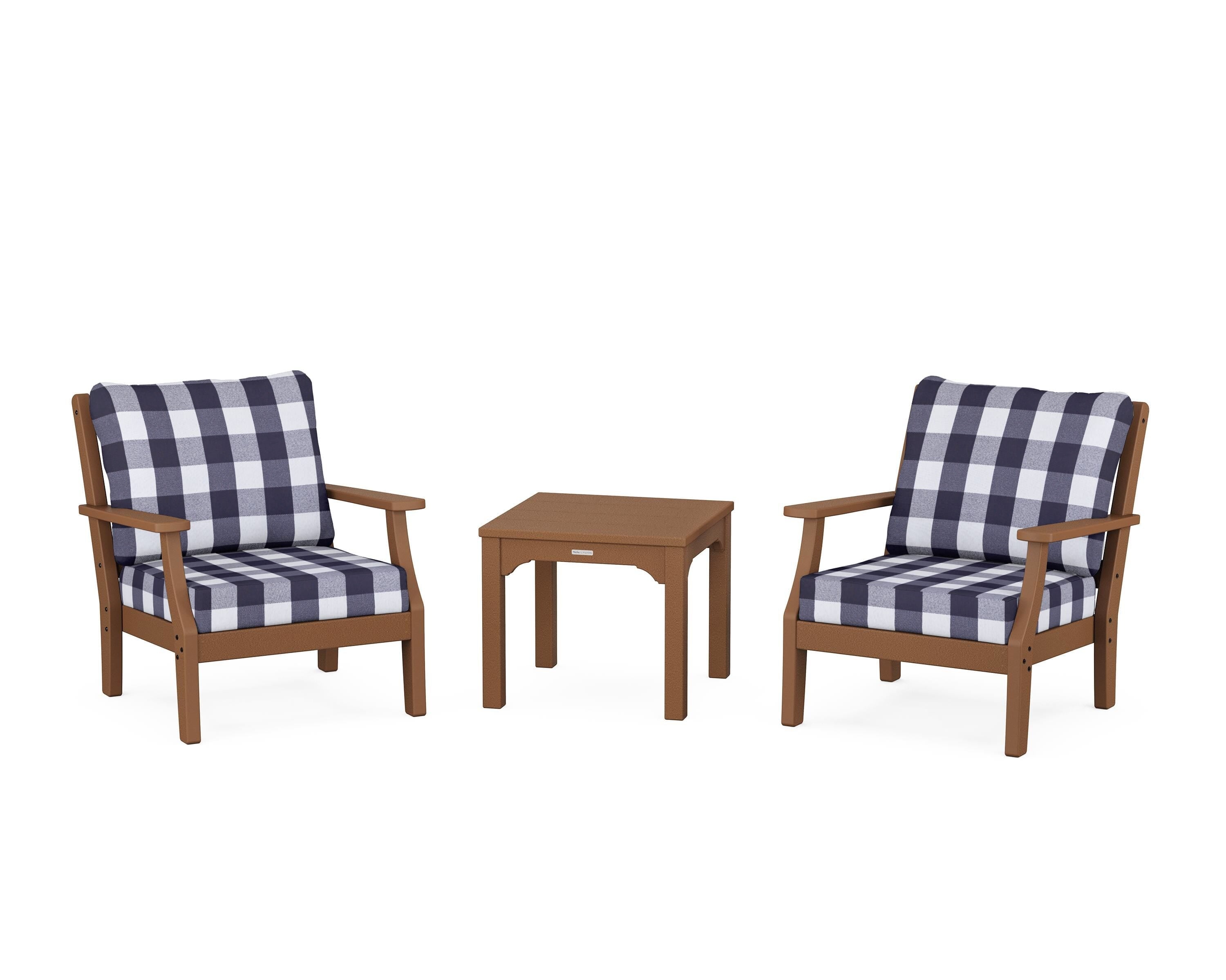 Martha Stewart by POLYWOOD® Chinoiserie 3-Piece Deep Seating Set in Teak / Buffalo Plaid Navy