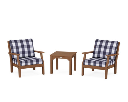 Martha Stewart by POLYWOOD® Chinoiserie 3-Piece Deep Seating Set in Teak / Buffalo Plaid Navy