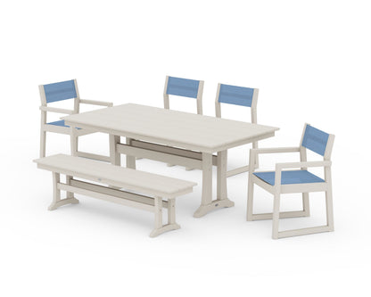 POLYWOOD® EDGE Sling 6-Piece Farmhouse Dining Set With Trestle Legs in Sand / Poolside Sling