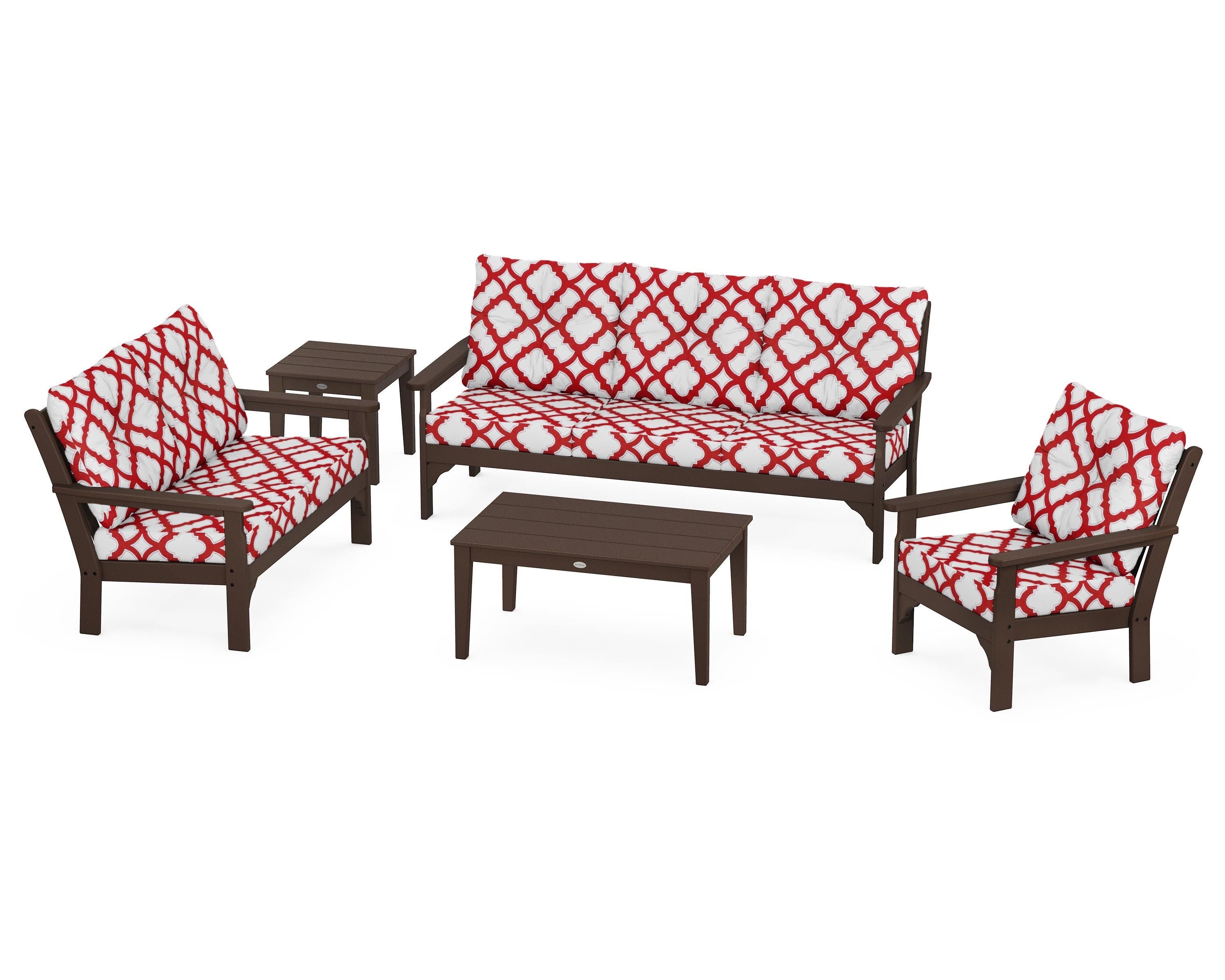POLYWOOD® Vineyard 5 Piece Deep Seating Set in Mahogany / Trellis Crimson