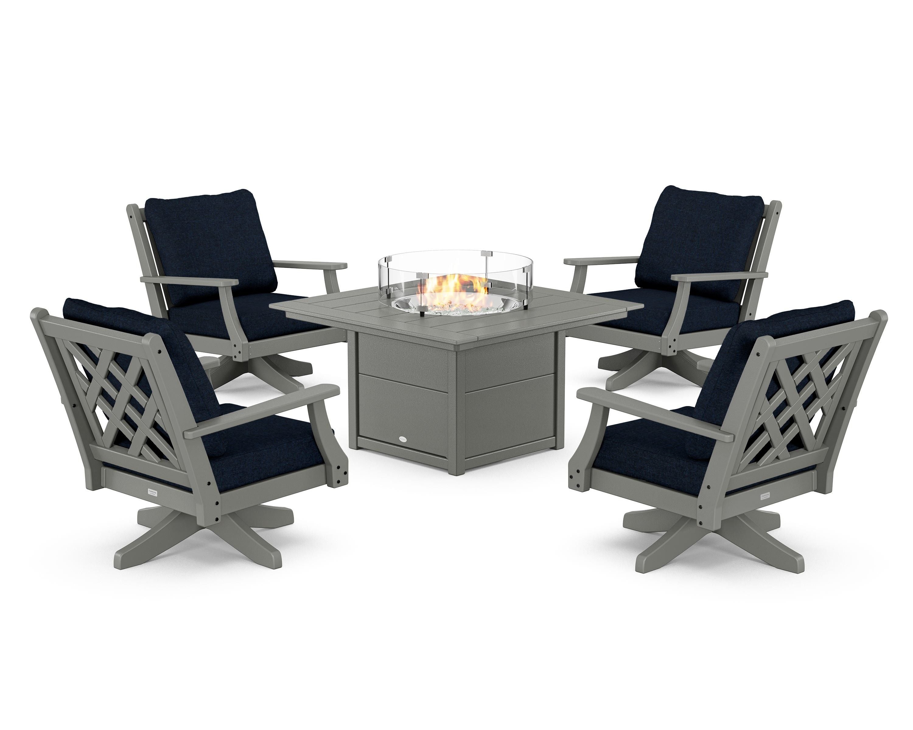 Country Living Wovendale 5-Piece Deep Seating Swivel Conversation Set with Fire Pit Table in Slate Grey / Marine Indigo
