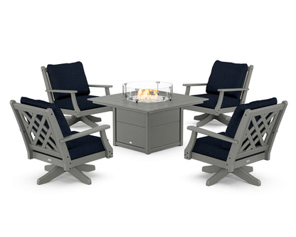 Country Living Wovendale 5-Piece Deep Seating Swivel Conversation Set with Fire Pit Table in Slate Grey / Marine Indigo