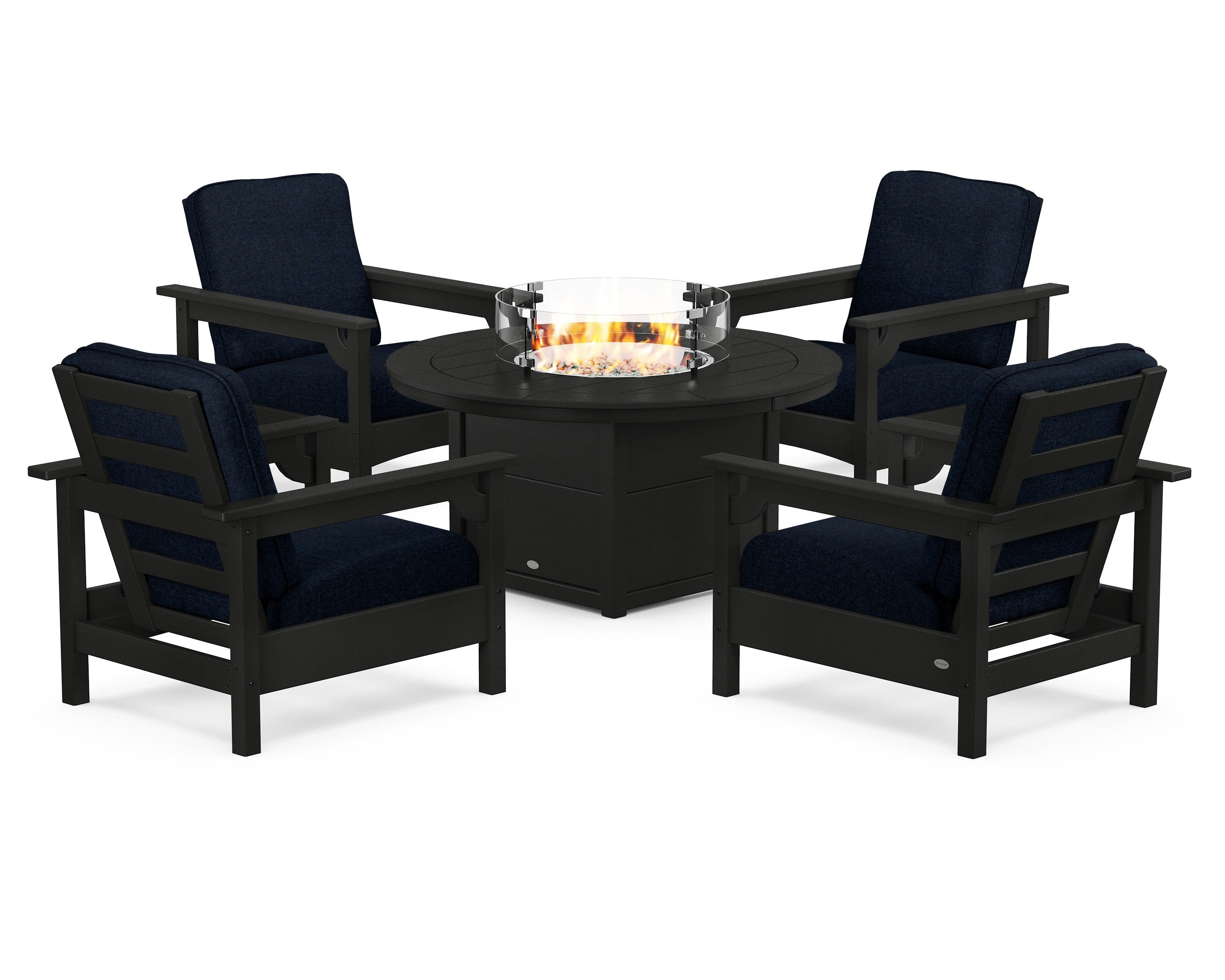 POLYWOOD® Club 5-Piece Conversation Set with Fire Pit Table in Black / Marine Indigo