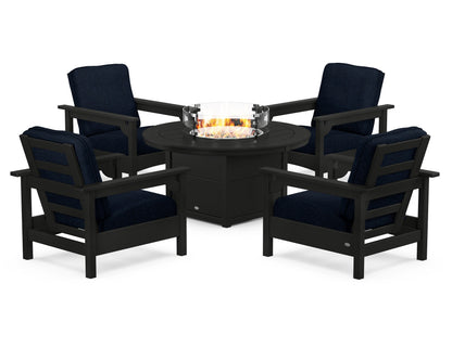 POLYWOOD® Club 5-Piece Conversation Set with Fire Pit Table in Black / Marine Indigo
