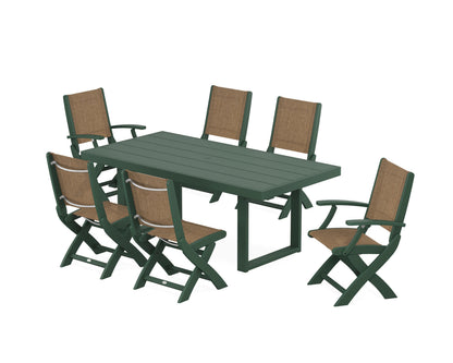 POLYWOOD® Coastal Folding Chair 7-Piece Dining Set with Trestle Legs in Green / Burlap Sling
