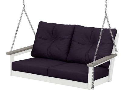 POLYWOOD® Vineyard Deep Seating Swing in White / Driftwood / Navy Linen