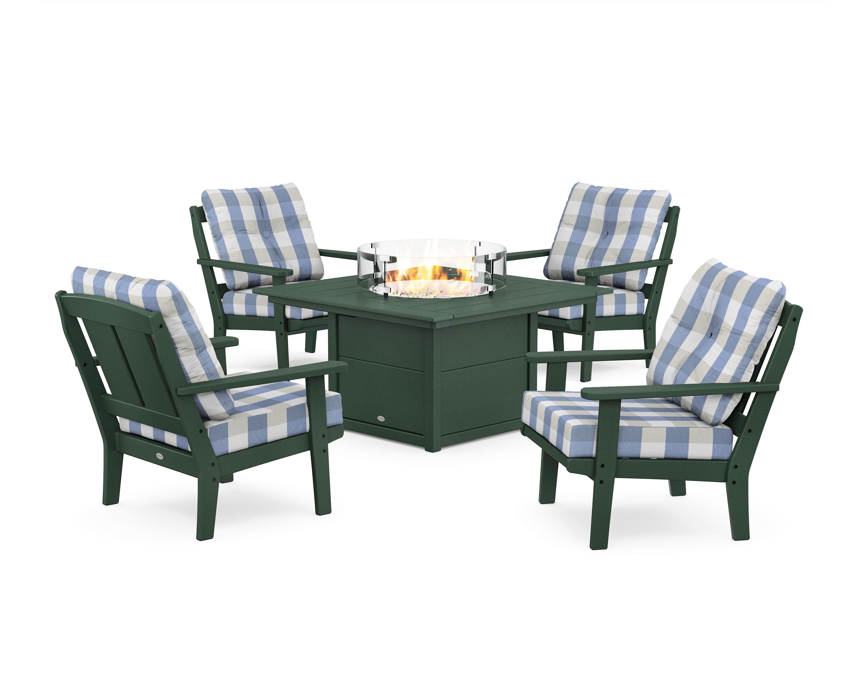 POLYWOOD® Mission 5-Piece Deep Seating Set with Fire Pit Table in Green / Buffalo Plaid Sky Blue