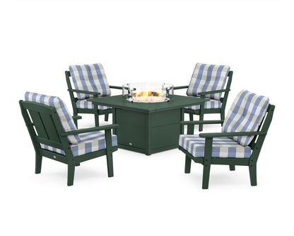 POLYWOOD® Mission 5-Piece Deep Seating Set with Fire Pit Table in Green / Buffalo Plaid Sky Blue