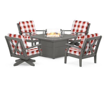 POLYWOOD® Braxton 5-Piece Deep Seating Set with Fire Table in Slate Grey / Buffalo Plaid Crimson