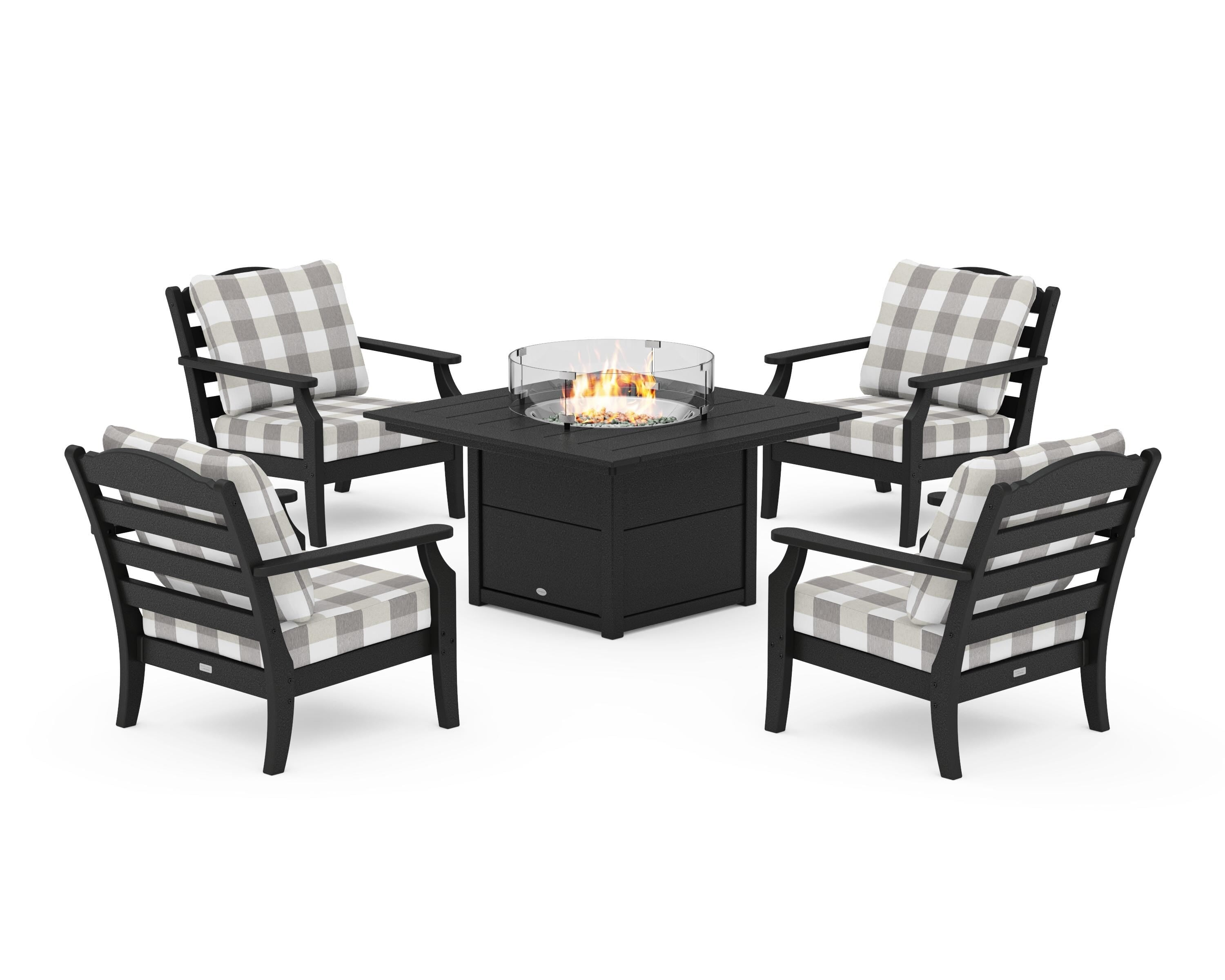Draper James™ by  POLYWOOD® Savannah 5-Piece Deep Seating Set with Fire Pit Table in Black / Buffalo Plaid Grey Mist