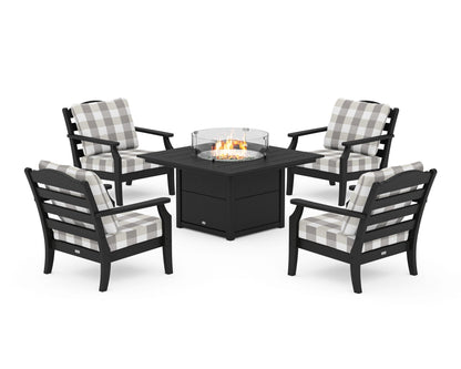 Draper James™ by  POLYWOOD® Savannah 5-Piece Deep Seating Set with Fire Pit Table in Black / Buffalo Plaid Grey Mist