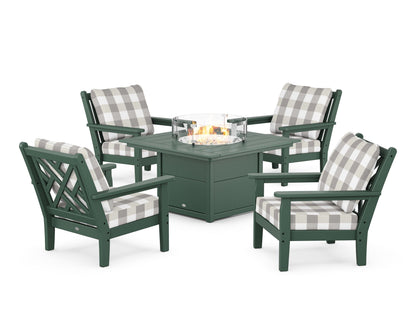 POLYWOOD® Chippendale 5-Piece Deep Seating Set with Fire Pit Table in Green / Buffalo Plaid Grey Mist