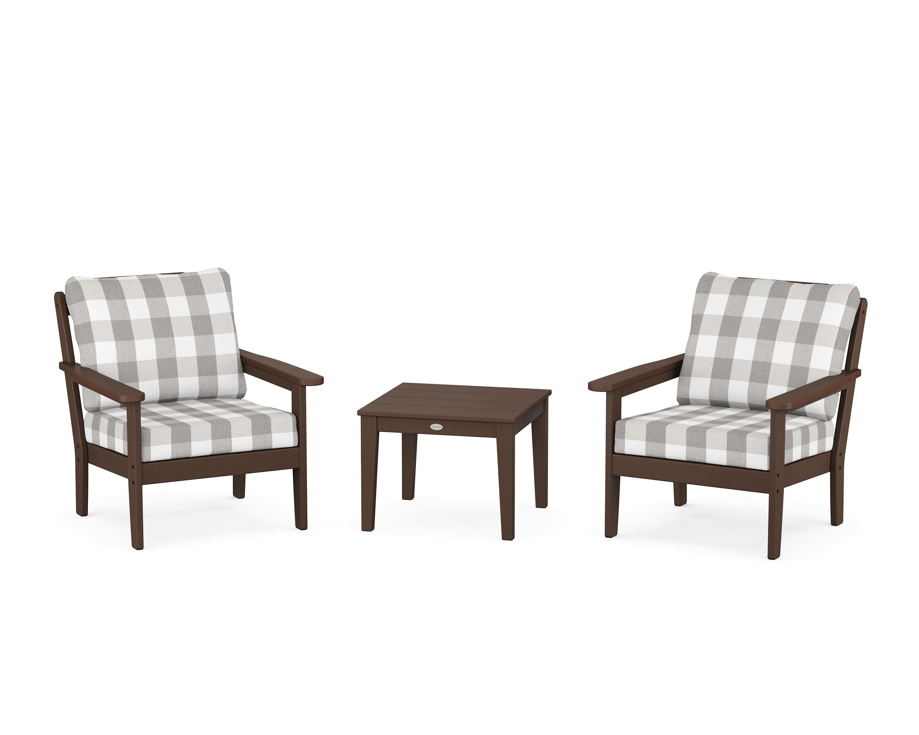 Country Living Cottage 3-Piece Deep Seating Set in Mahogany / Buffalo Plaid Grey Mist