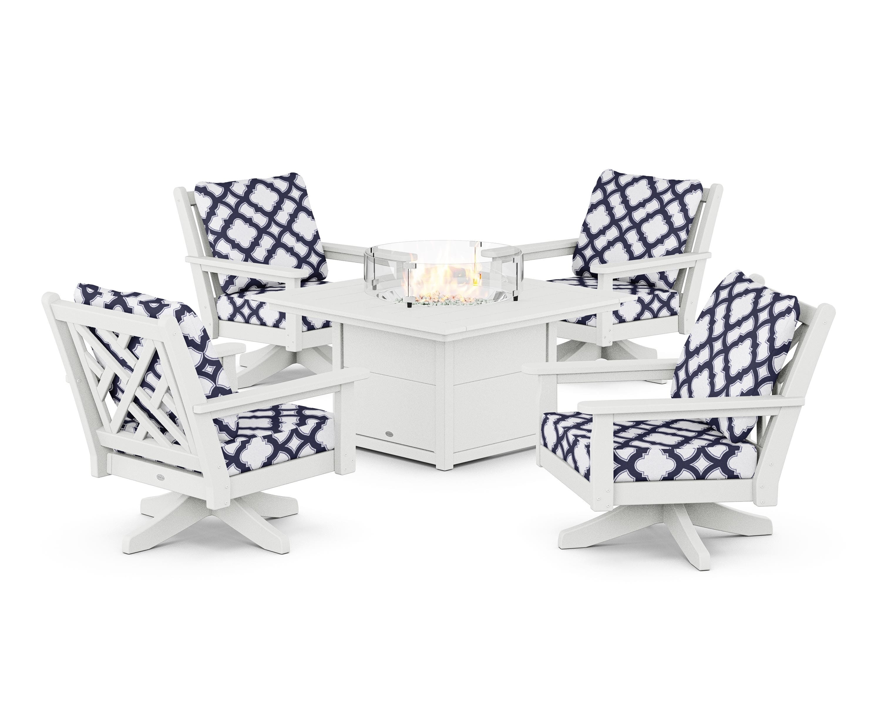 POLYWOOD® Chippendale 5-Piece Deep Seating Swivel Conversation Set with Fire Pit Table in White / Trellis Navy