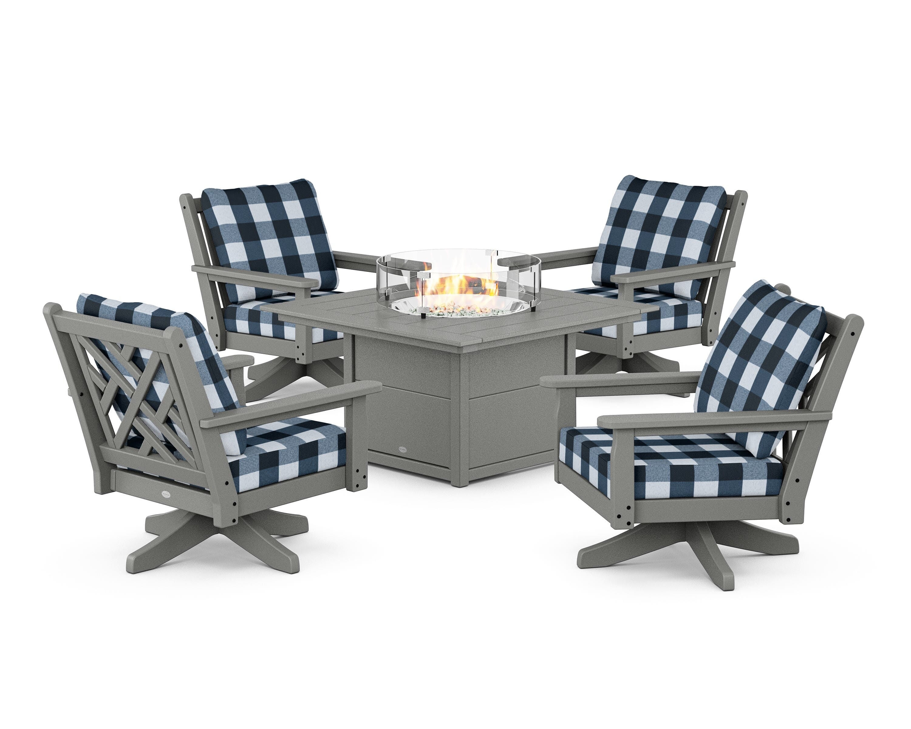 POLYWOOD® Chippendale 5-Piece Deep Seating Swivel Conversation Set with Fire Pit Table in Slate Grey / Buffalo Plaid Marine Indigo